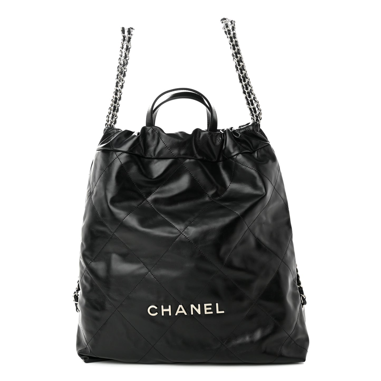 Shiny Calfskin Quilted Chanel 22 Backpack Black
