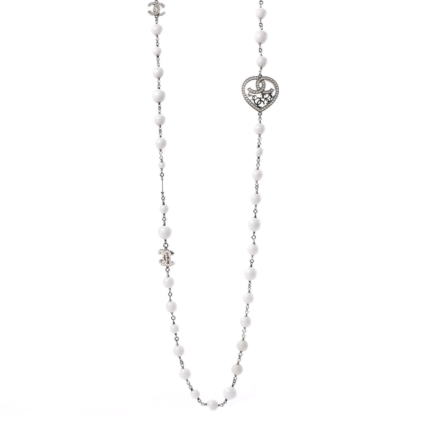 Bead Heart CC Long Necklace White Silver