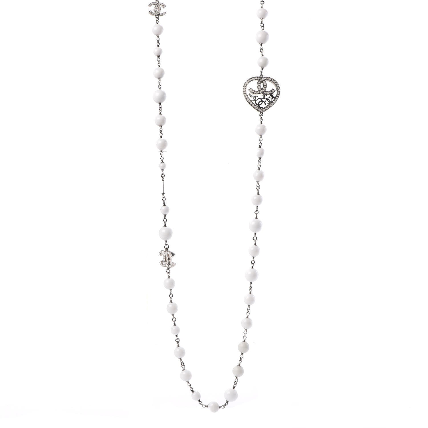 Chanel Bead Heart CC Long Necklace White Silver 1 of 9