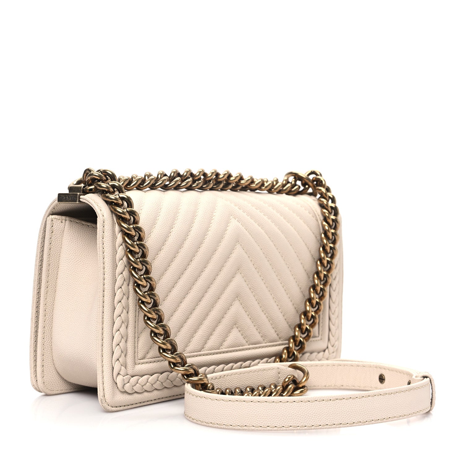 Chanel Caviar Chevron Quilted Braided Medium Boy Flap Beige 3 of 11