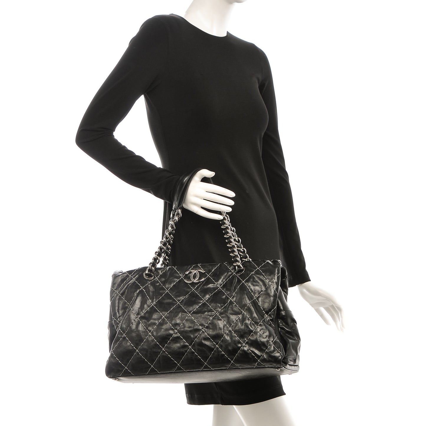 Glazed Goatskin Double Contrast Stitch Large Tote Black