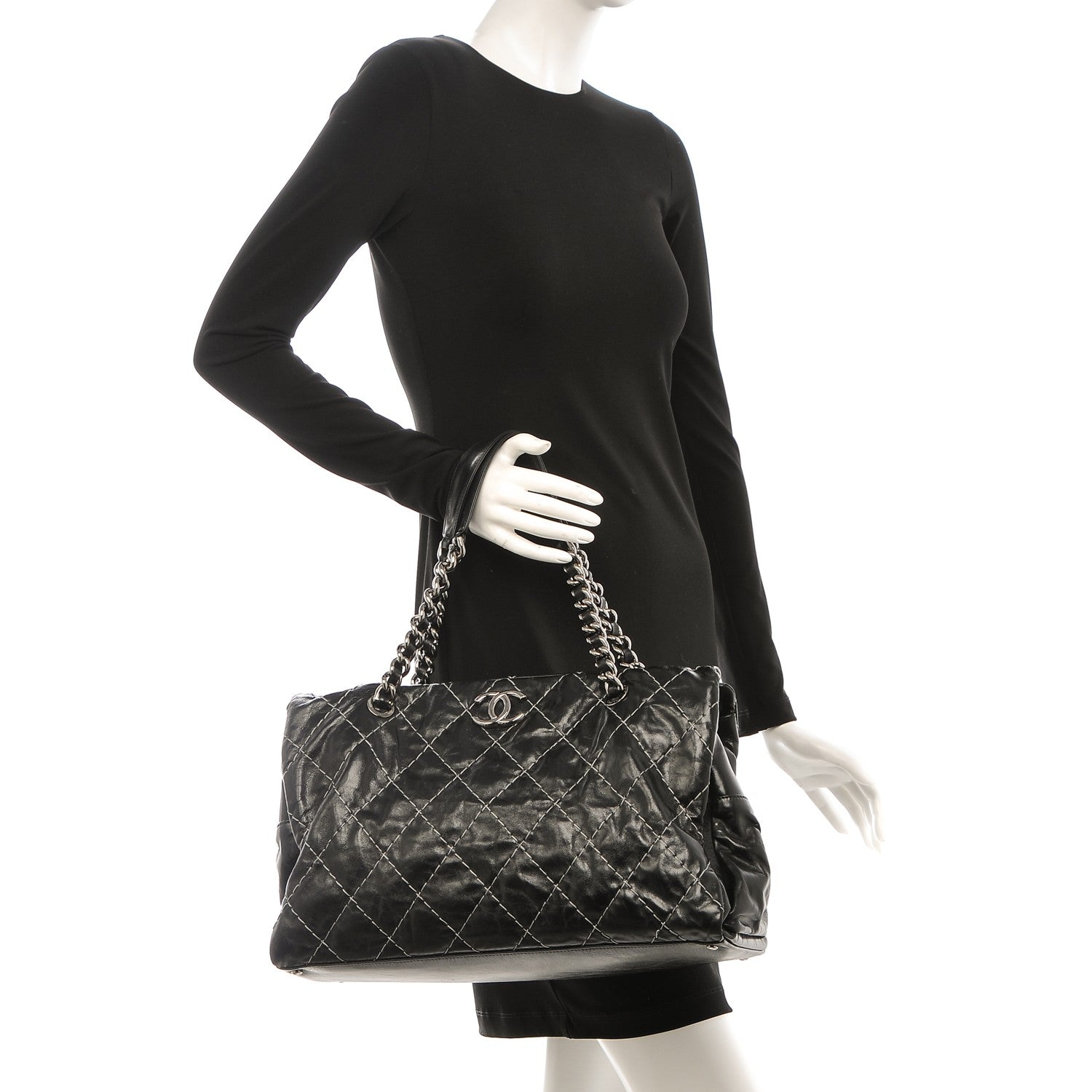 Chanel Glazed Goatskin Double Contrast Stitch Large Tote Black 2 of 7