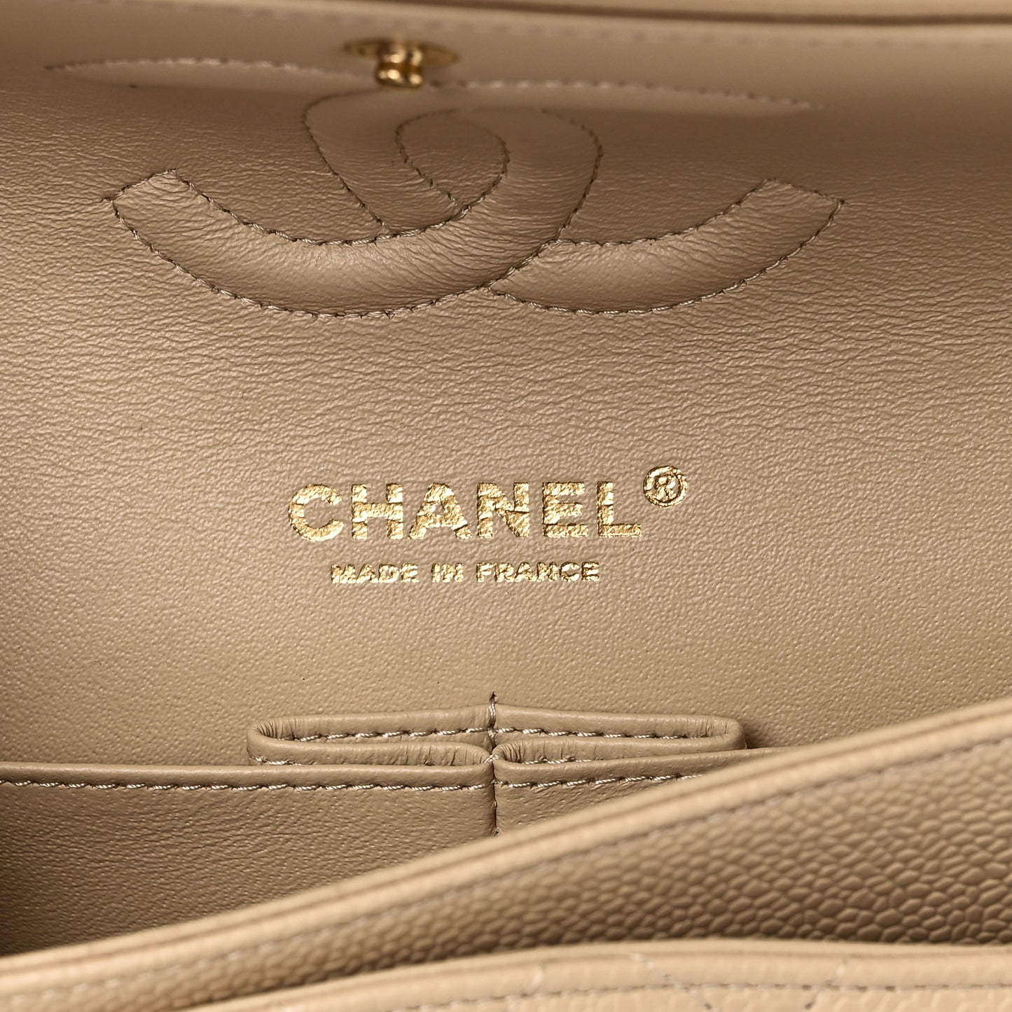 Caviar Quilted Medium Double Flap Beige