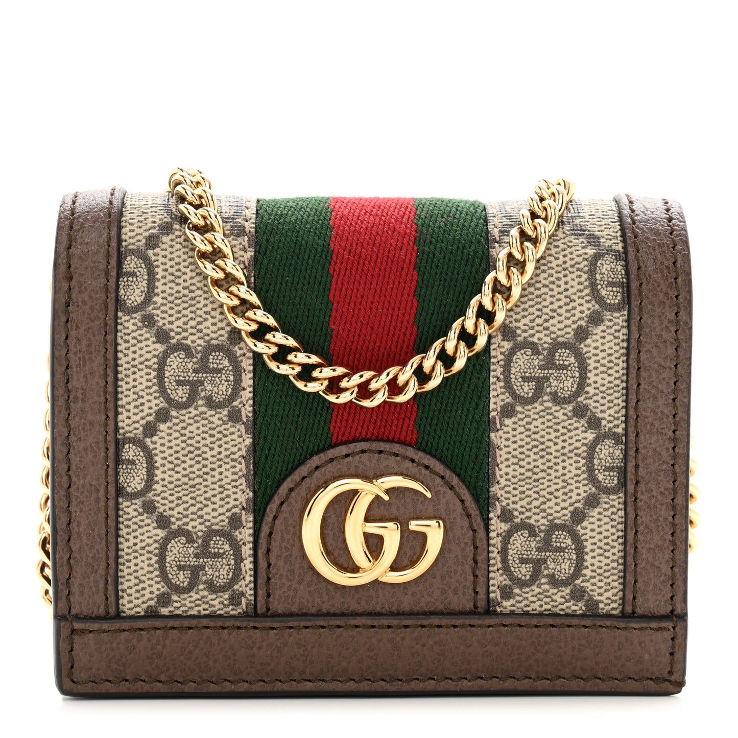 GG Supreme Monogram Web Ophidia Chain Card Case Wallet Beige New Acero