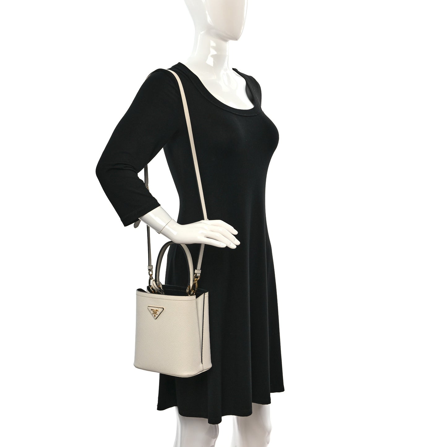 Saffiano Cuir Calfskin Small Panier Bucket Bag White Black
