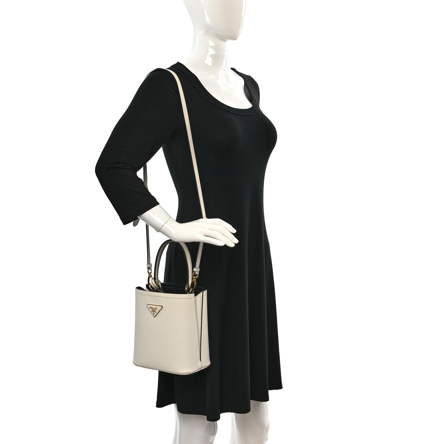 Prada Saffiano Cuir Calfskin Small Panier Bucket Bag White Black 2 of 9