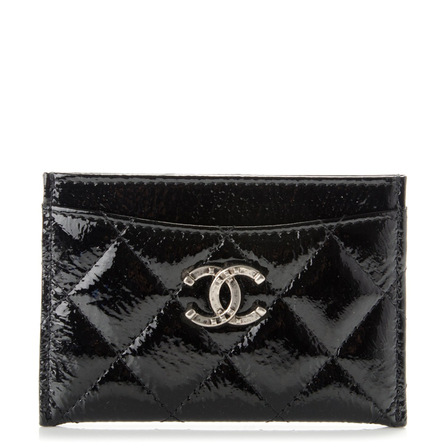 Distressed Patent Quilted Card Holder Black