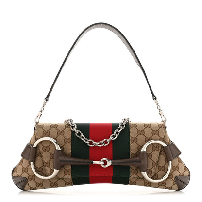 Gucci Monogram Textured Dollar Calfskin Heavy Grosgrain Web Medium Maxi Horsebit Chain Shoulder Bag Beige Ebony New Acero 1 of 11