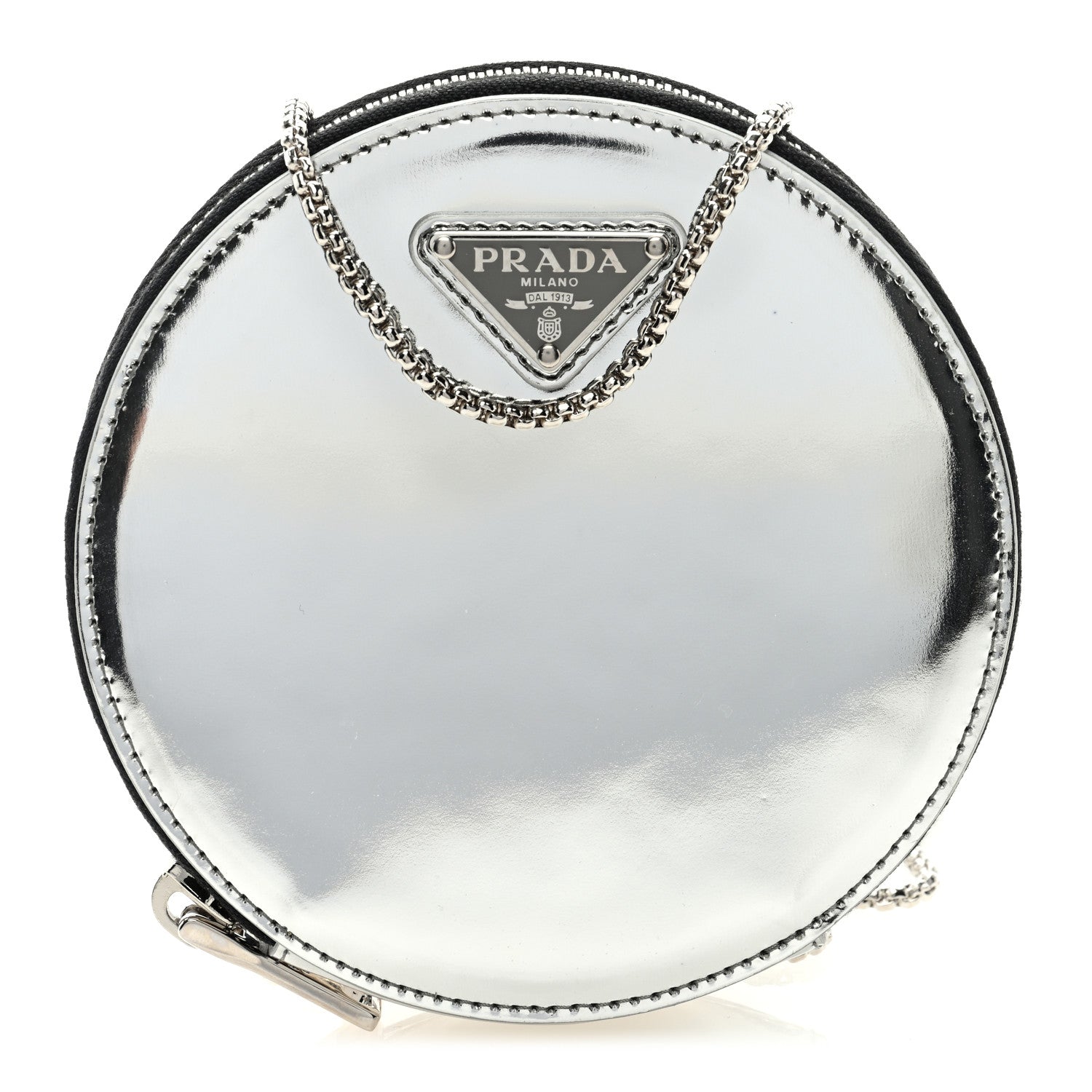 Prada Spazzolato Round Chain Coin Crossbody Pouch Argento 1387918