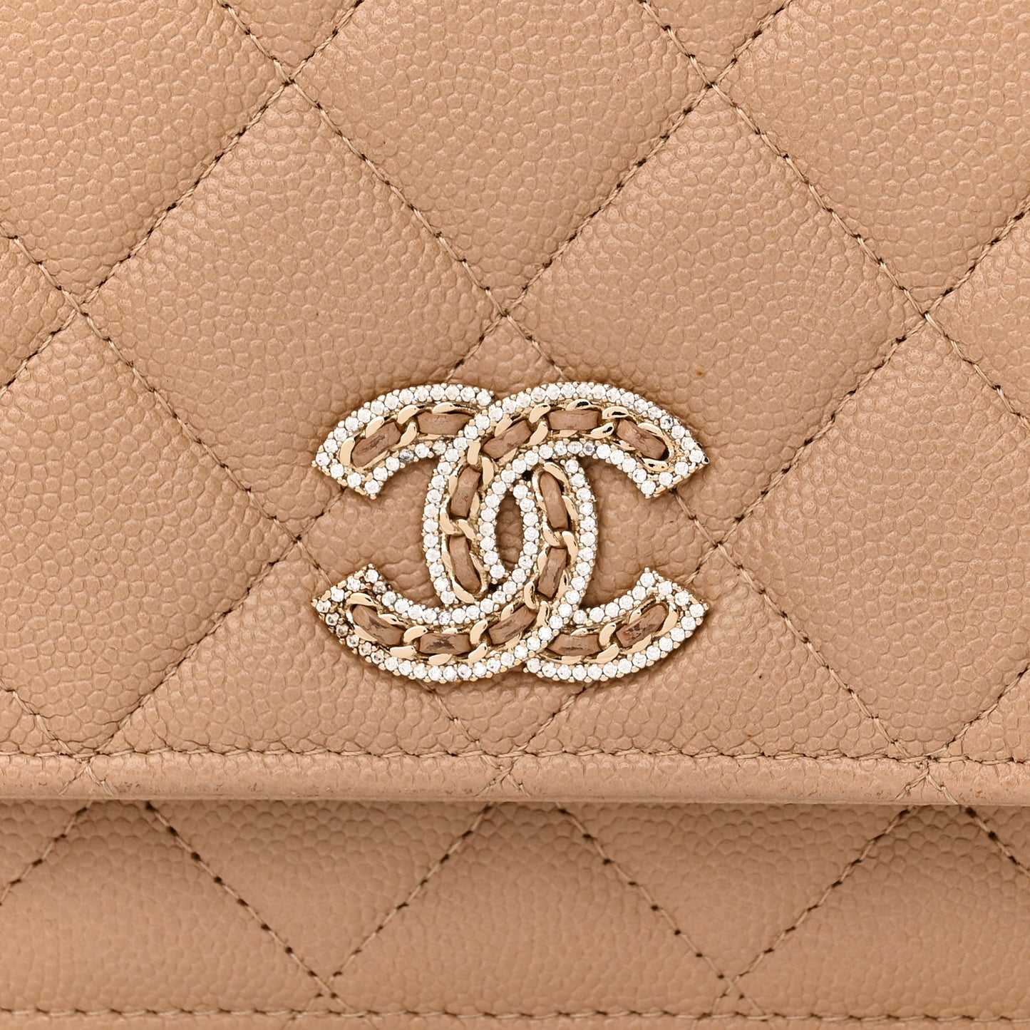 Caviar Quilted Crystal CC Wallet On Chain WOC Beige