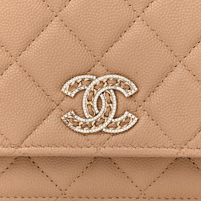 Chanel Caviar Quilted Crystal CC Wallet On Chain WOC Beige 11 of 12