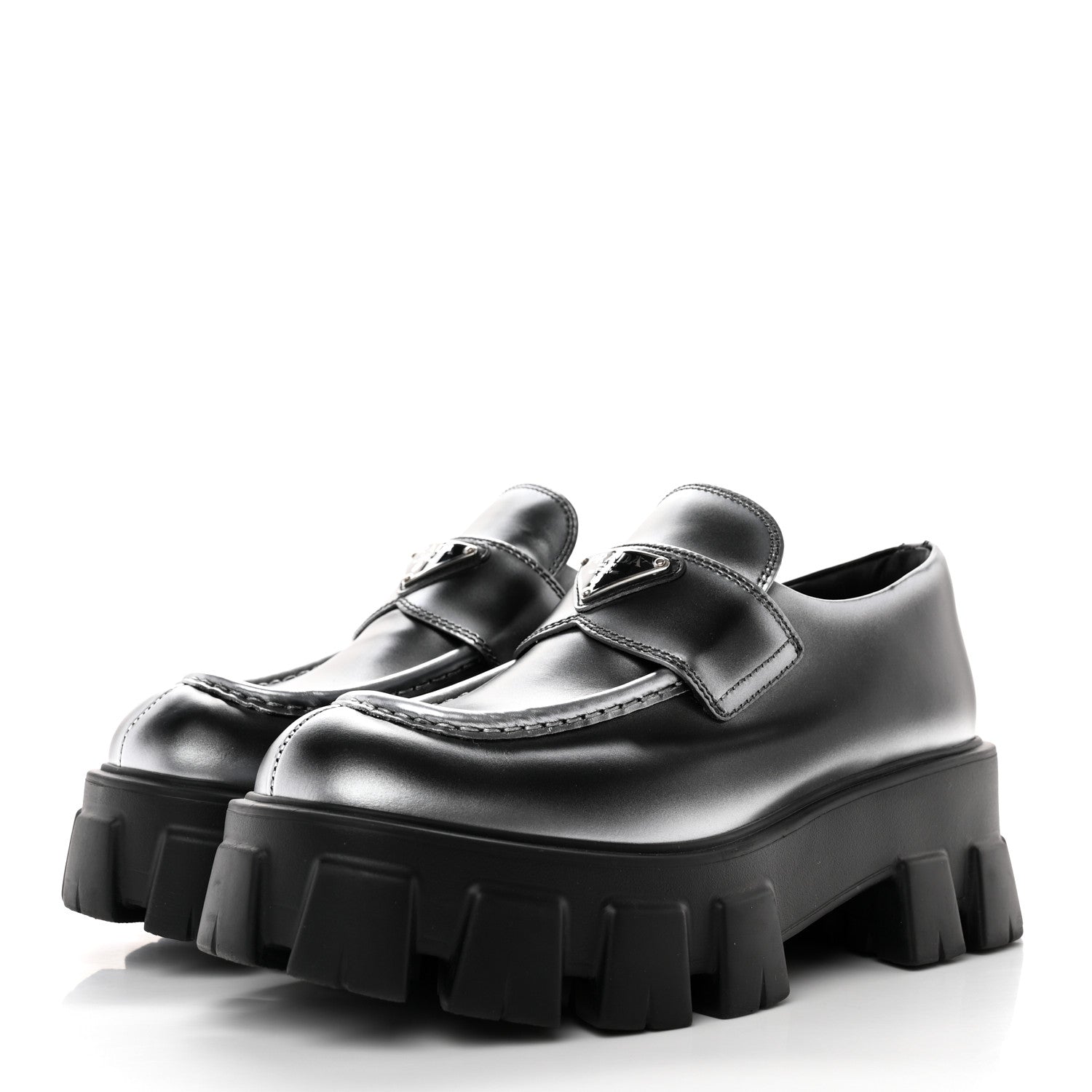 Prada Spazzolato Rois Sfumato Metal Triangle Logo Monolith 60mm Loafers 38 Black Argento 3 of 10