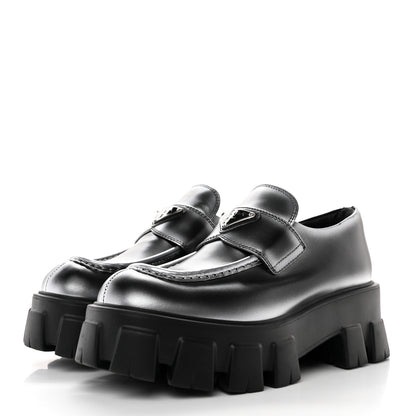 Prada Spazzolato Rois Sfumato Metal Triangle Logo Monolith 60mm Loafers 38 Black Argento 3 of 10