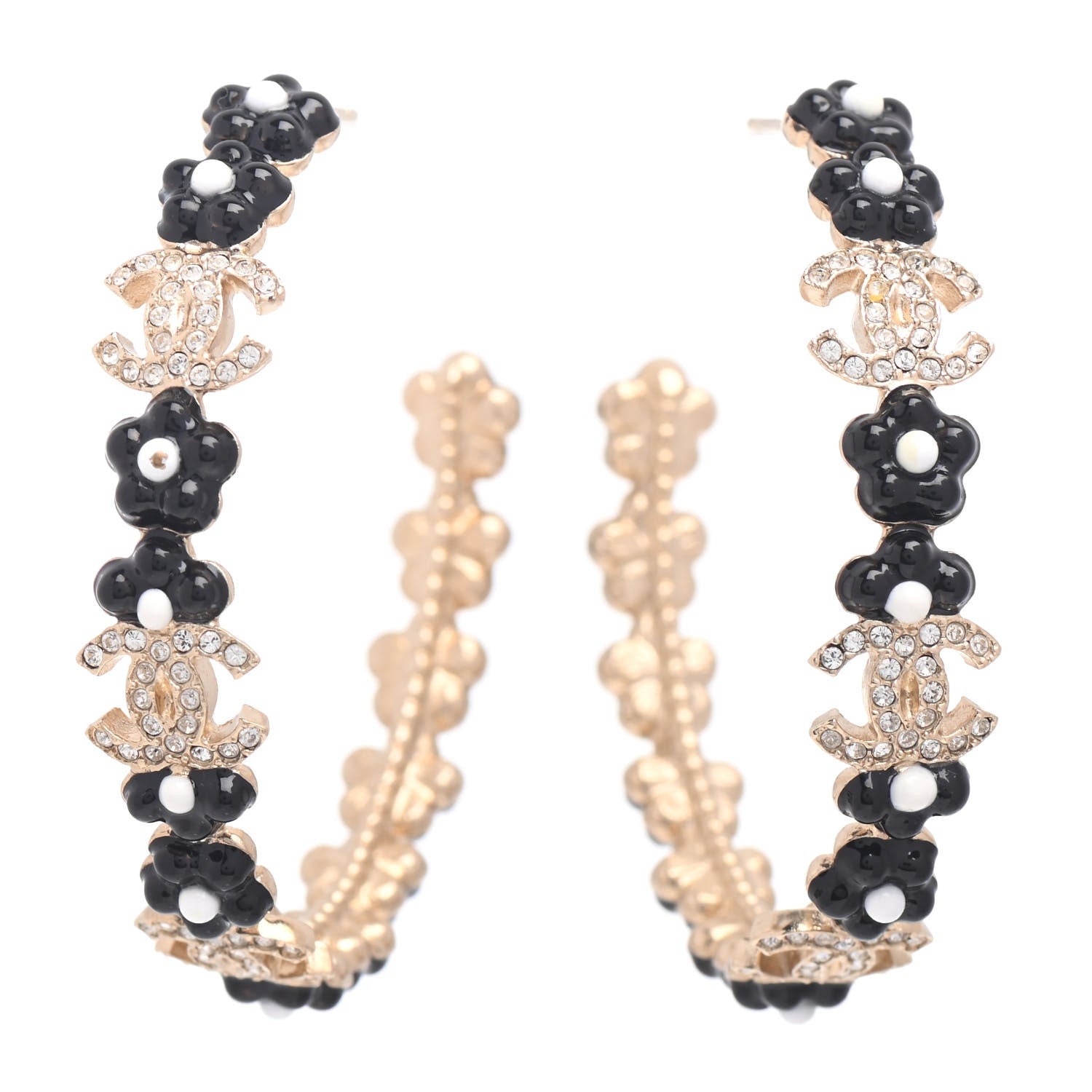 Chanel Metal Strass Crystal Flower CC Hoop Earrings Gold Black White 1 of 4