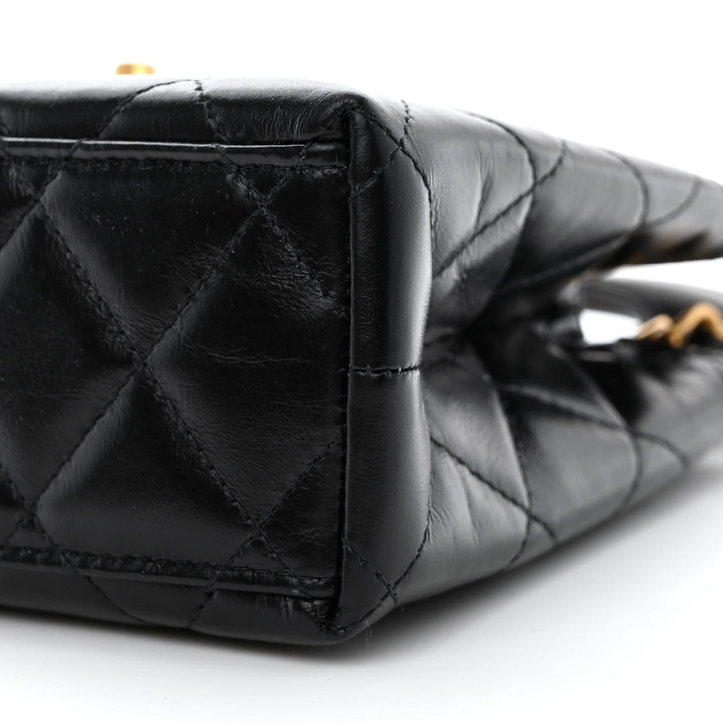 Shiny Aged Calfskin Quilted Nano Kelly Shopper Black