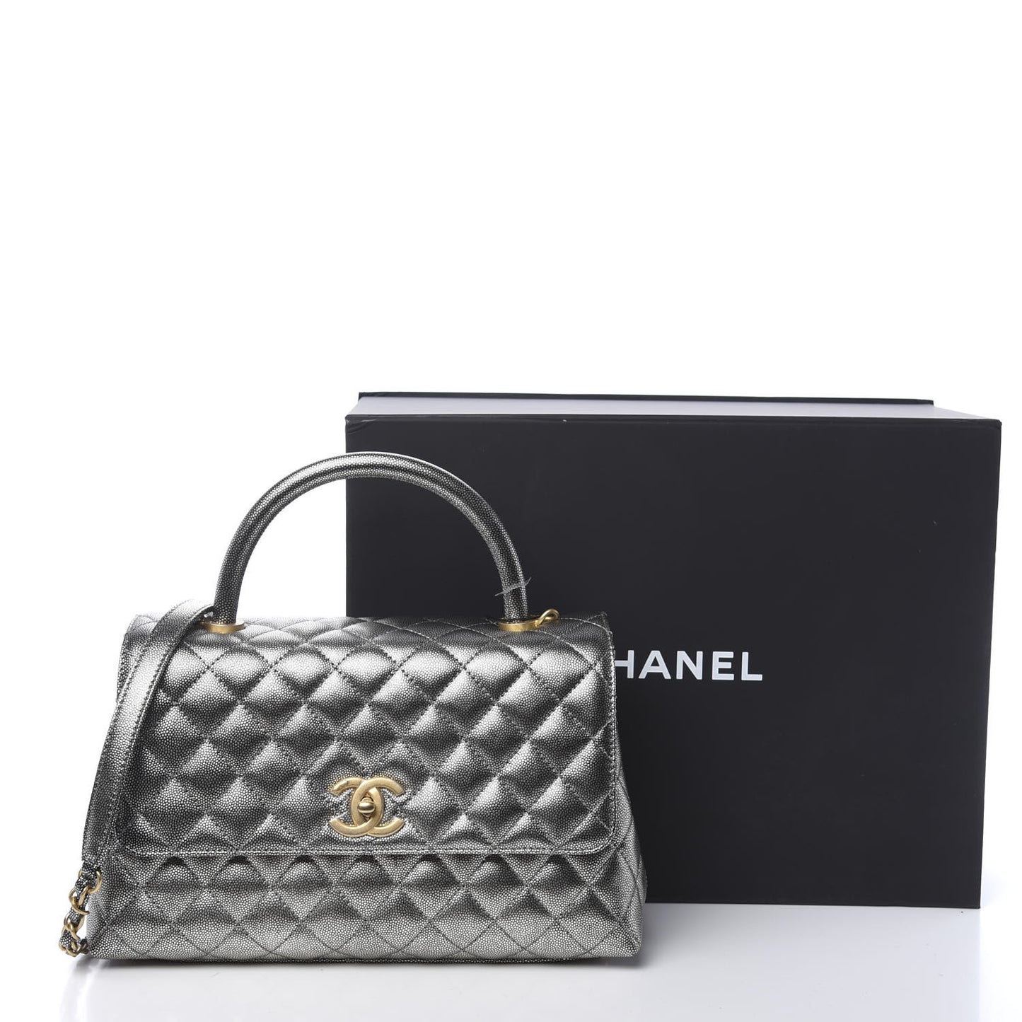 Metallic Caviar Quilted Small Coco Handle Flap Silver