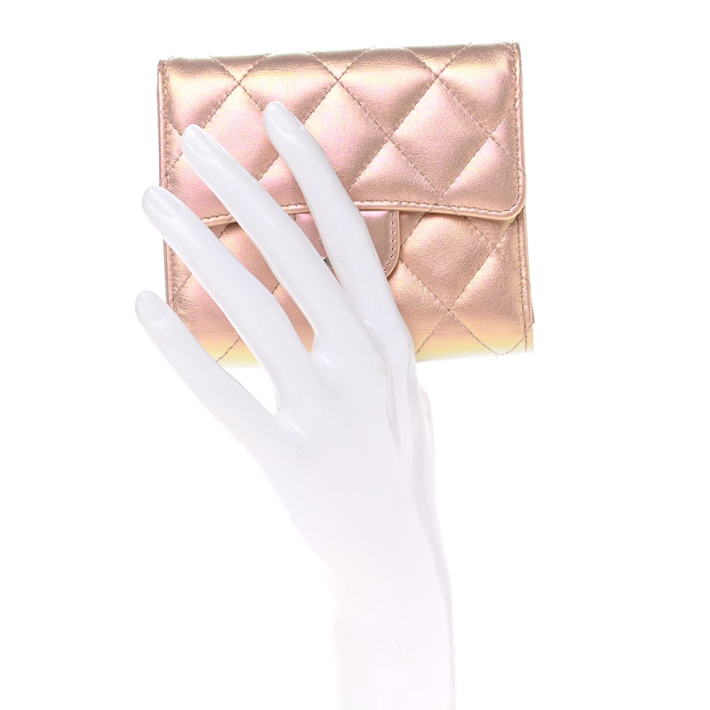 Iridescent Calfskin Quilted Compact Flap Wallet Pink