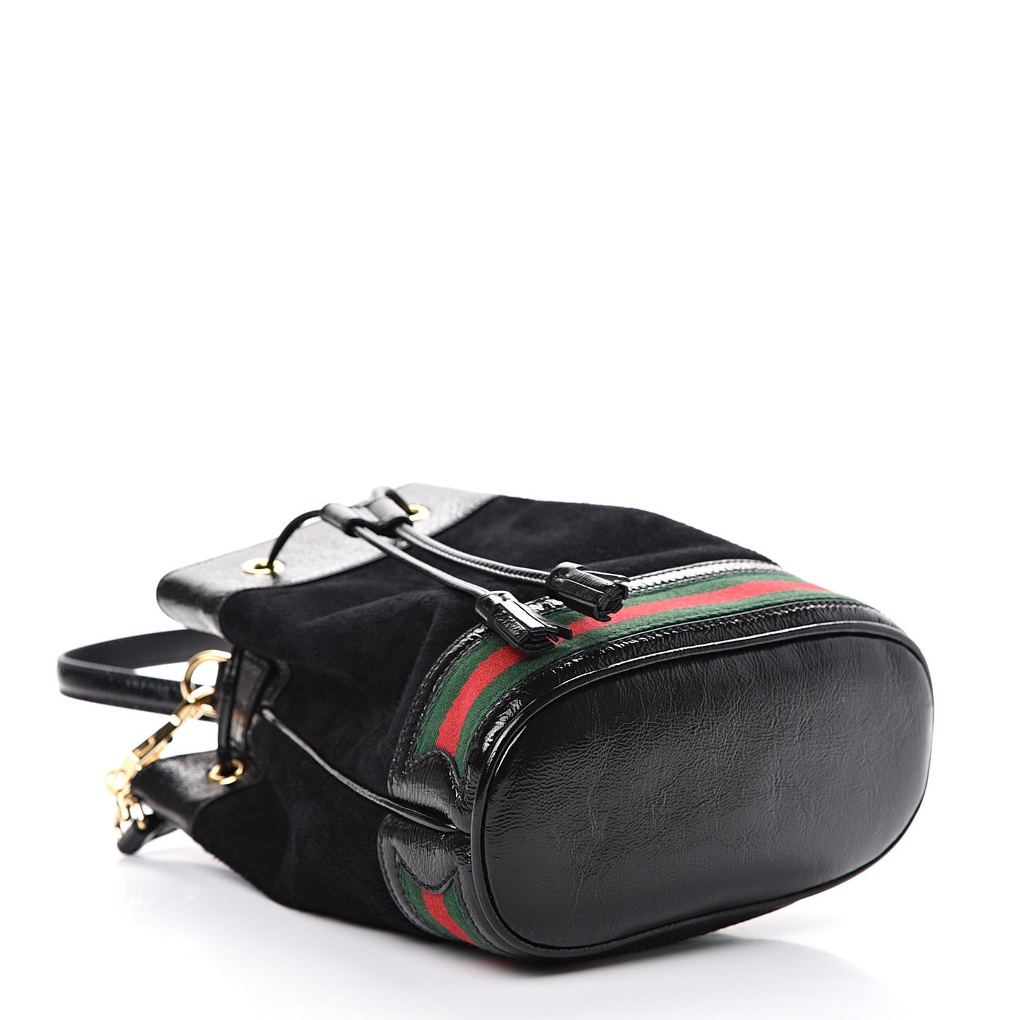 Suede Patent Web Small Ophidia Bucket Bag Black
