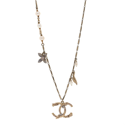 Chanel Crystal Pearl CC Camellia Flower Necklace Gold 1 of 5