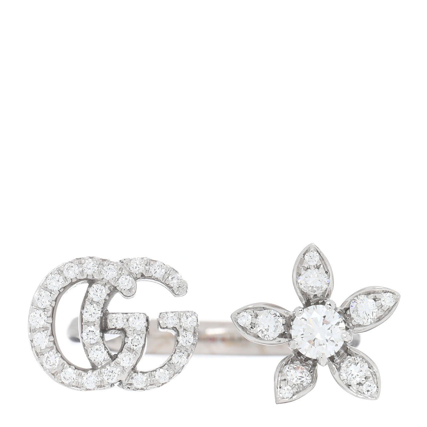 Gucci 18K White Gold Diamond Flora GG Open Ring 49 4.75 1 of 4