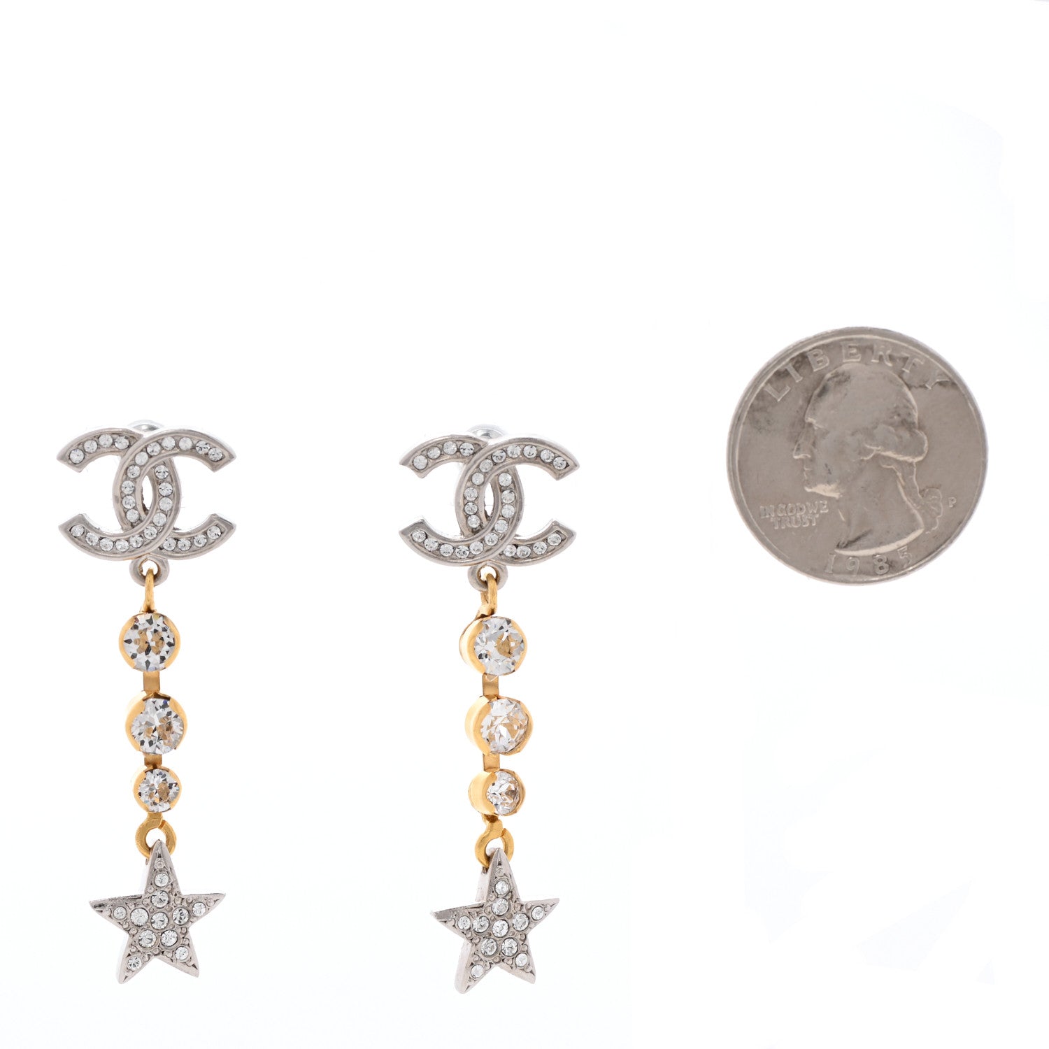 Chanel Crystal Star Drop CC Earrings Silver Gold 2 of 4