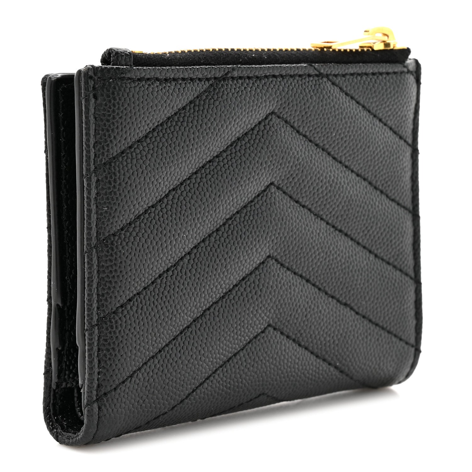 Saint Laurent Grain De Poudre Matelasse Chevron Monogram Zipped Card Case Black 3 of 9