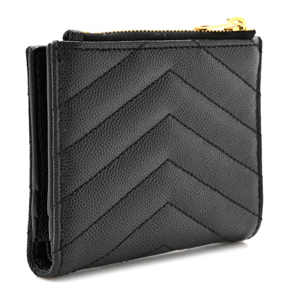 Saint Laurent Grain De Poudre Matelasse Chevron Monogram Zipped Card Case Black 3 of 9