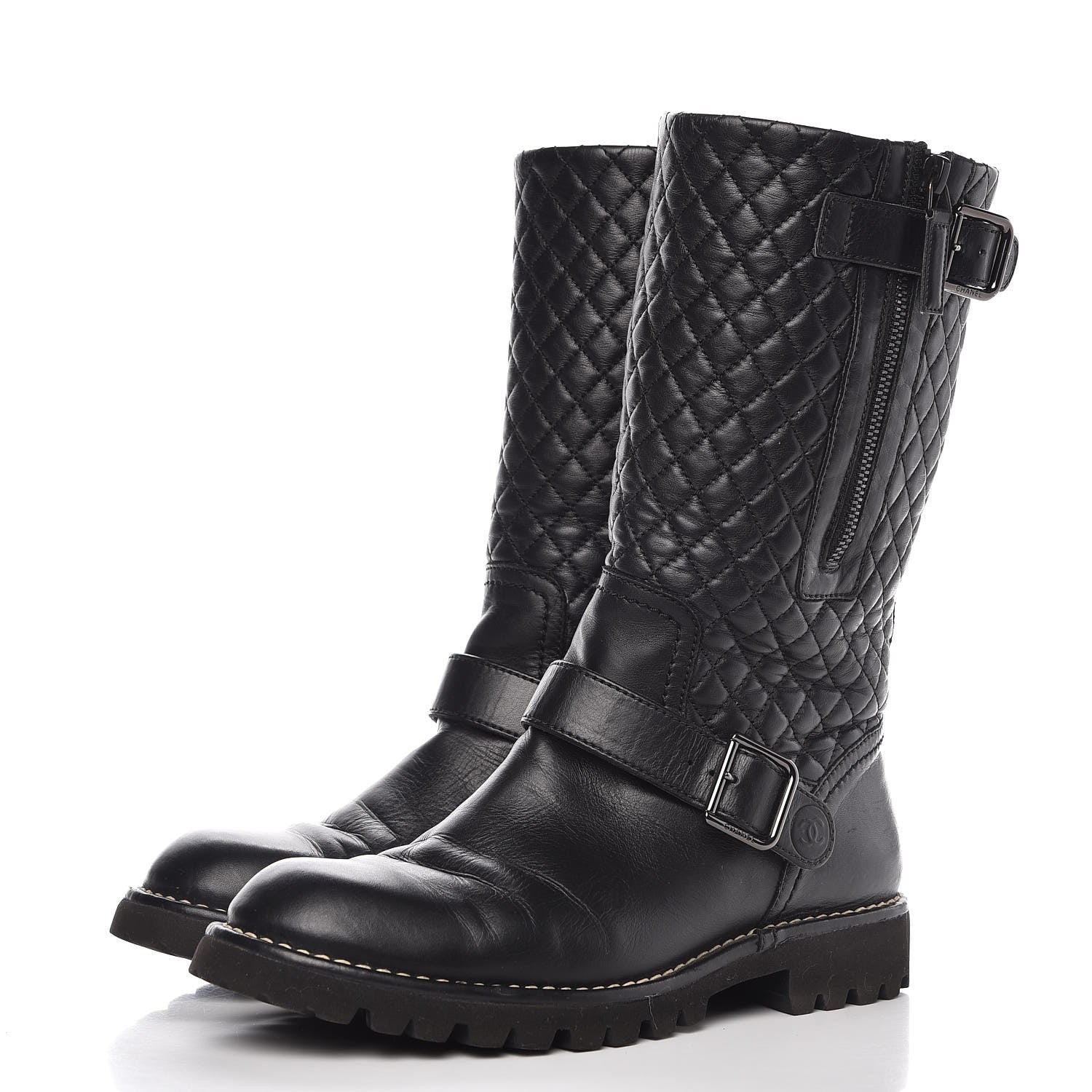 Chanel Calfskin Quilted Biker Boots 38.5 Black 3 of 8