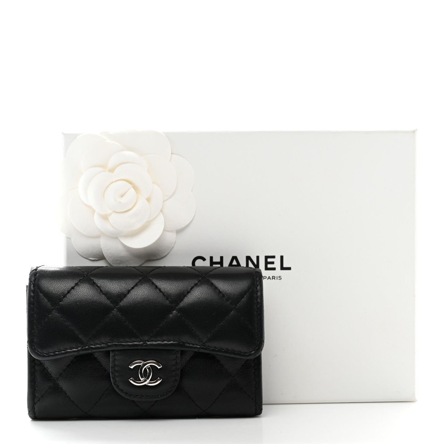 Lambskin Quilted Flap Card Holder Wallet Black