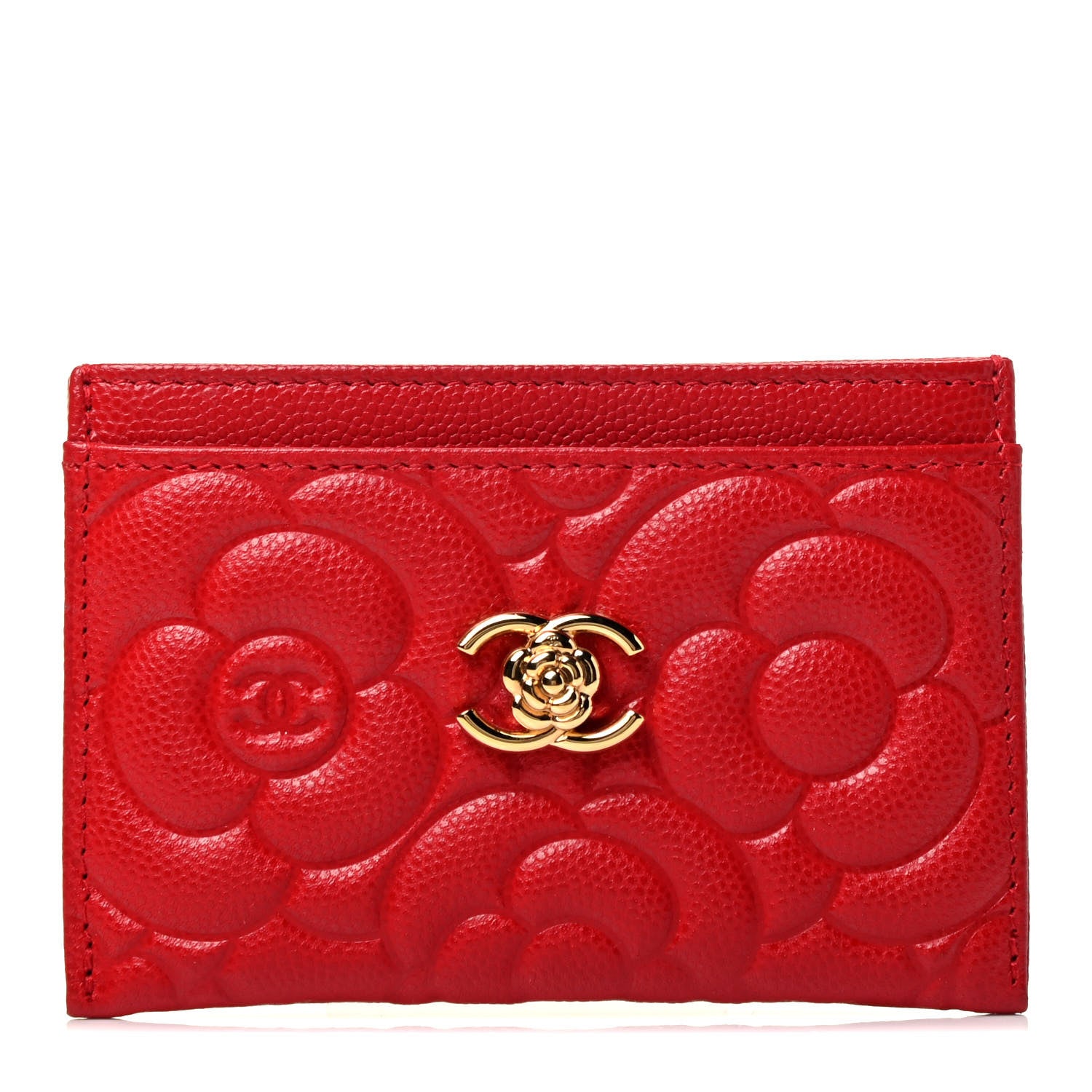 Chanel Caviar Camellia Embossed Card Holder Red 1 of 4