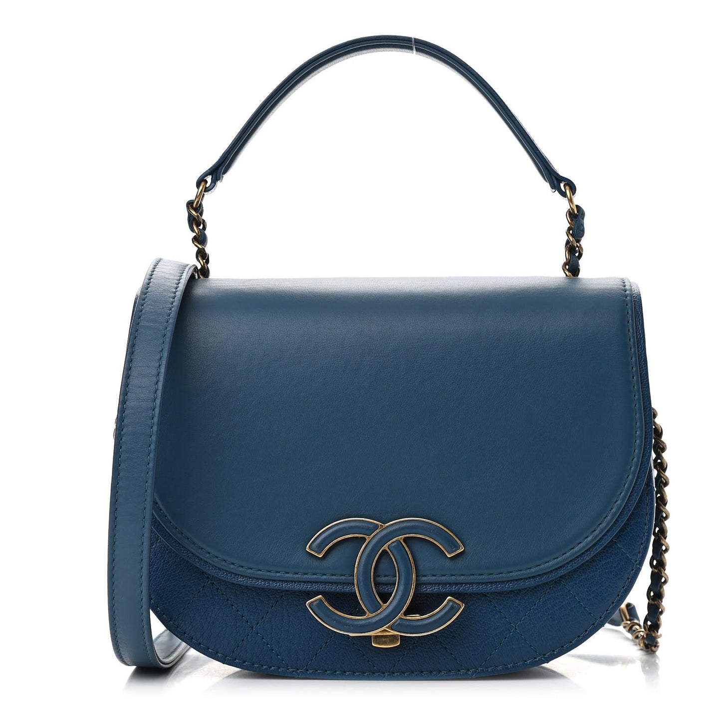 Shiny Calfskin Goatskin Quilted Medium Coco Curve Messenger Flap Navy