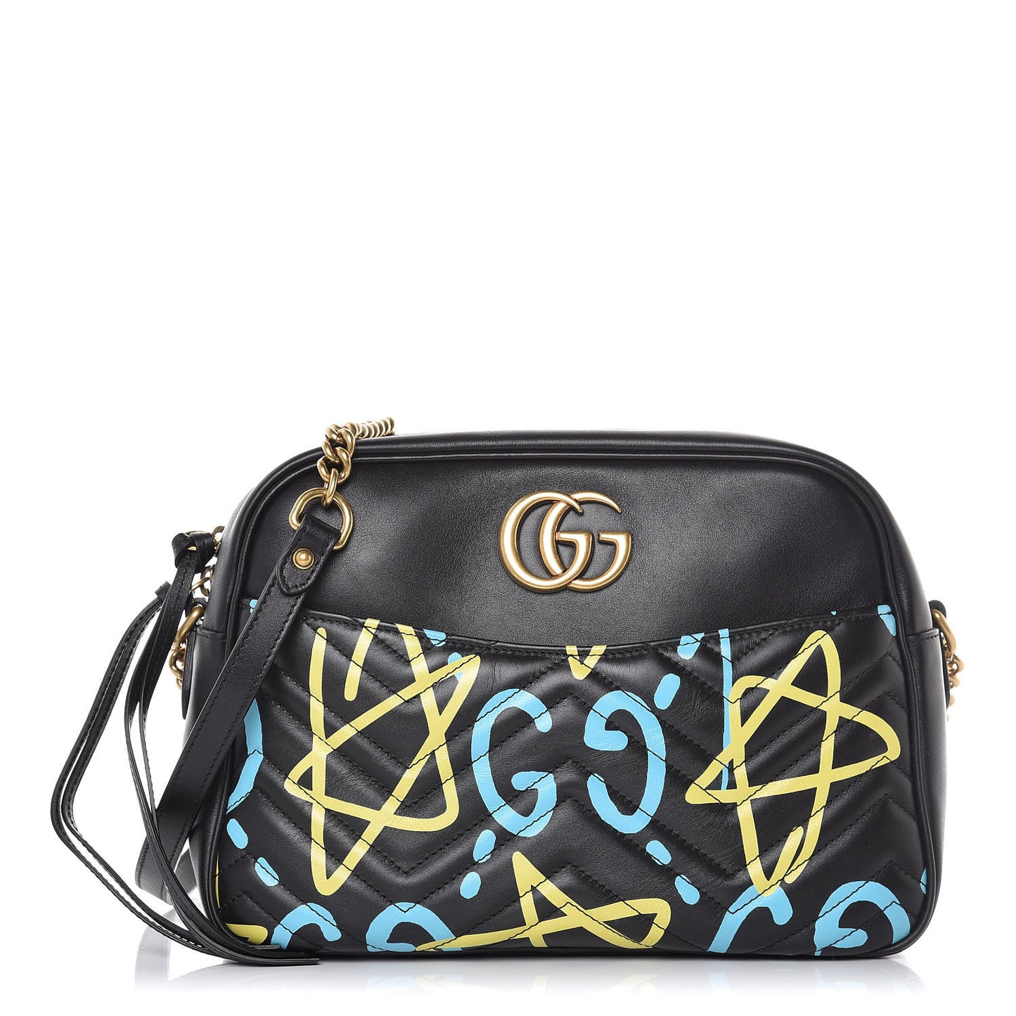 Calfskin Matelasse GucciGhost Medium GG Marmont Chain Shoulder Bag Black New Acquamarine
