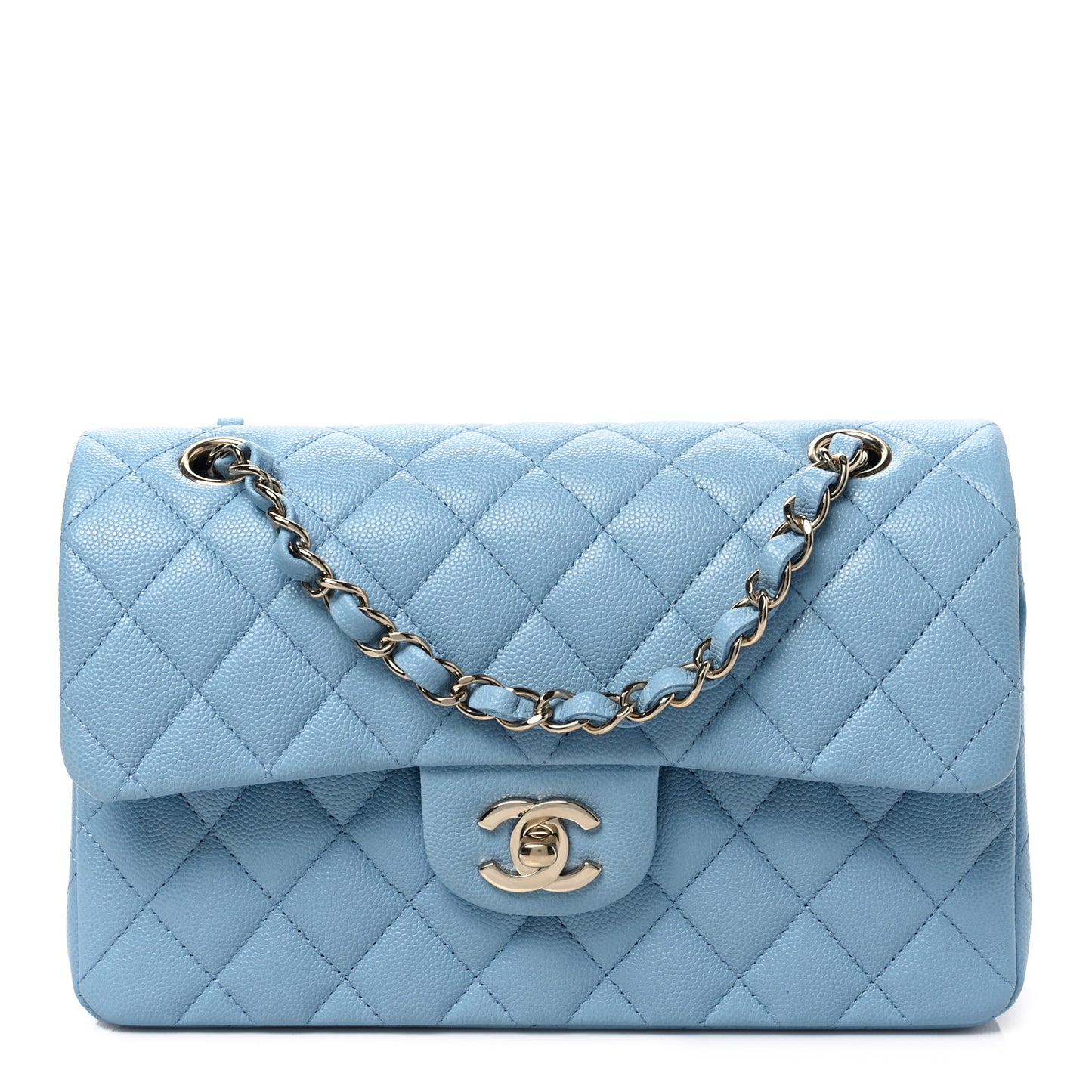 Caviar Quilted Small Double Flap Light Blue