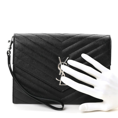 Saint Laurent Grain De Poudre Matelasse Chevron Monogram Envelope Clutch Black 2 of 10