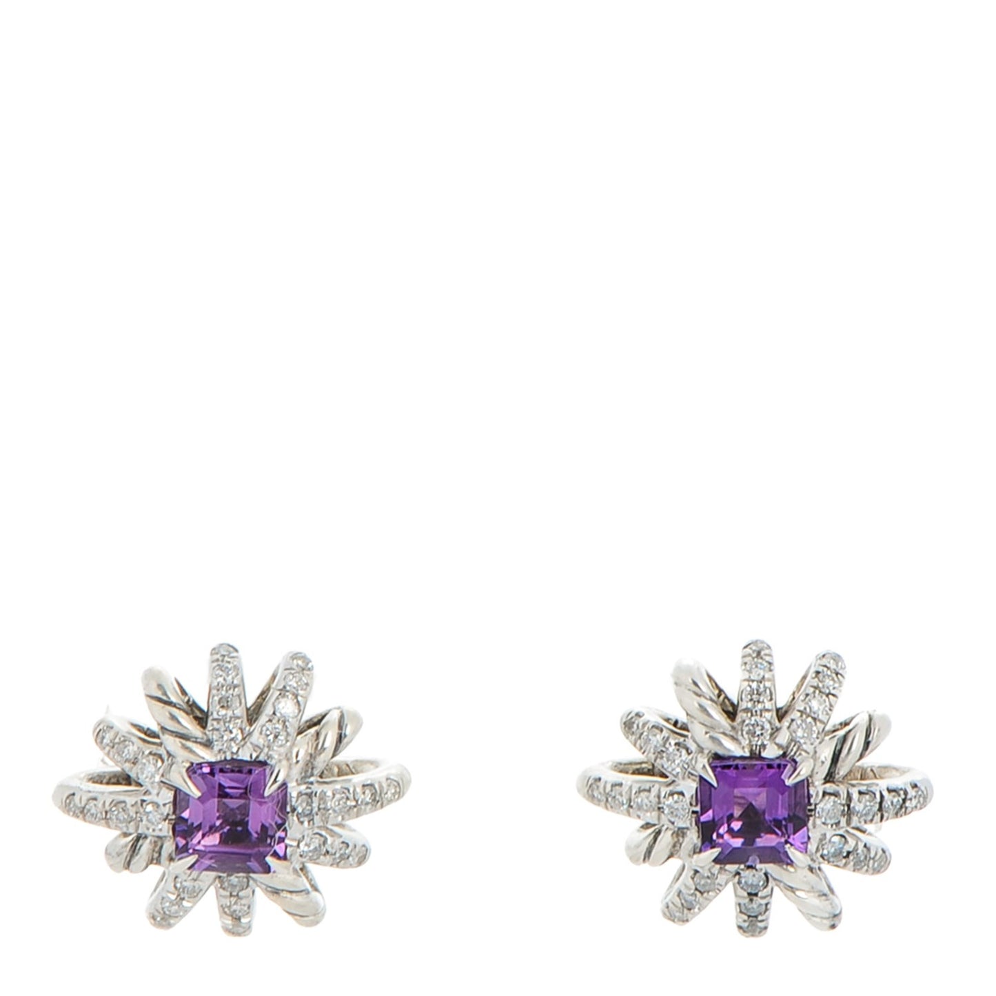 Sterling Silver Pave Diamond Amethyst 12mm Starburst Earrings