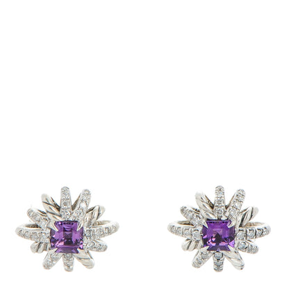 David Yurman Sterling Silver Pave Diamond Amethyst 12mm Starburst Earrings 1 of 5