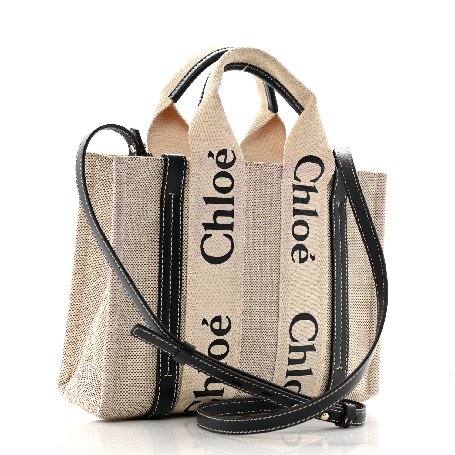 Chloe Cotton Calfskin Small Woody Ribbon Tote With Strap White Navy 3 of 12