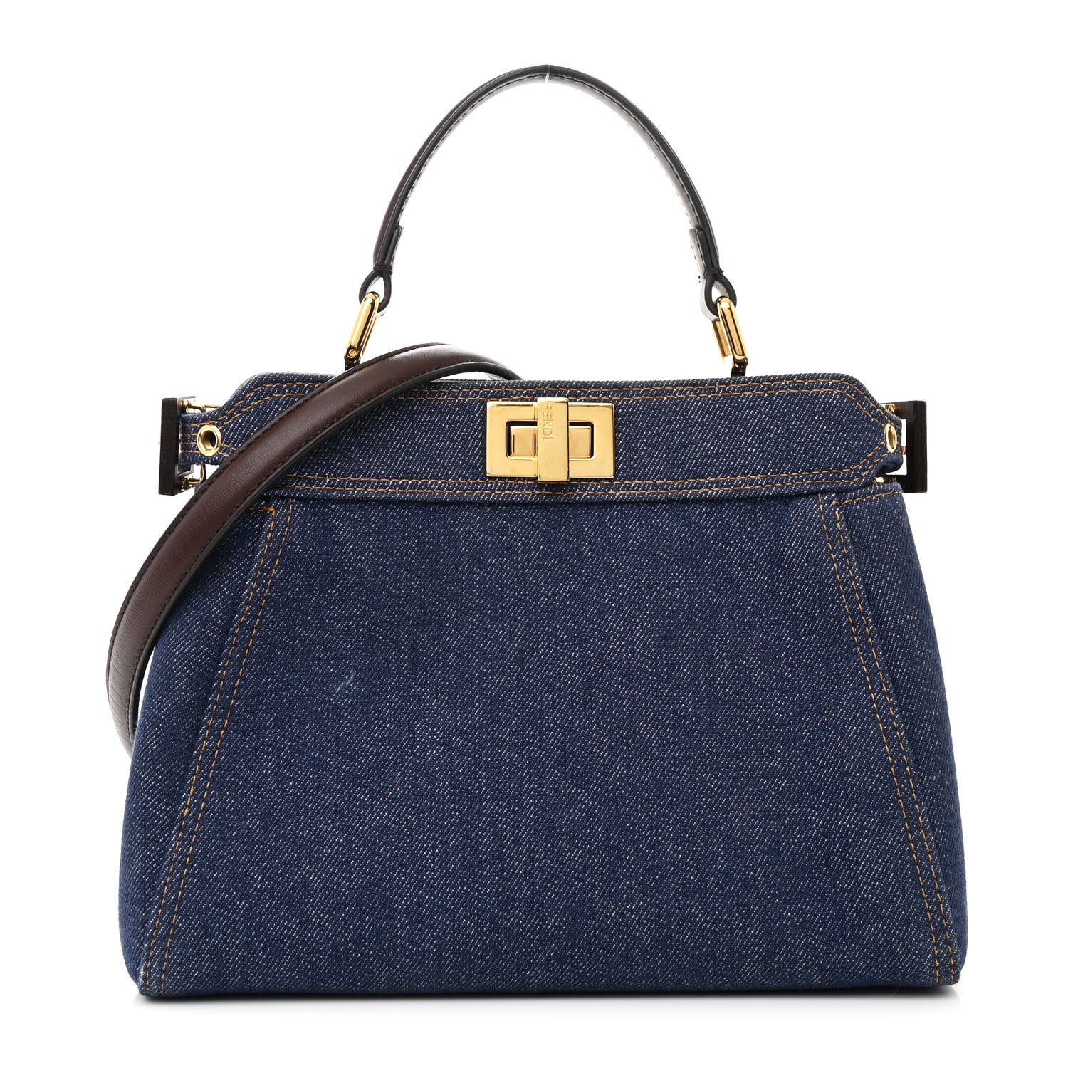 Fendi Denim Fabric Jacquard Cuoio FF 1974 Mini Peekaboo Iconic Satchel Blue Tobacco Moro 1 of 11