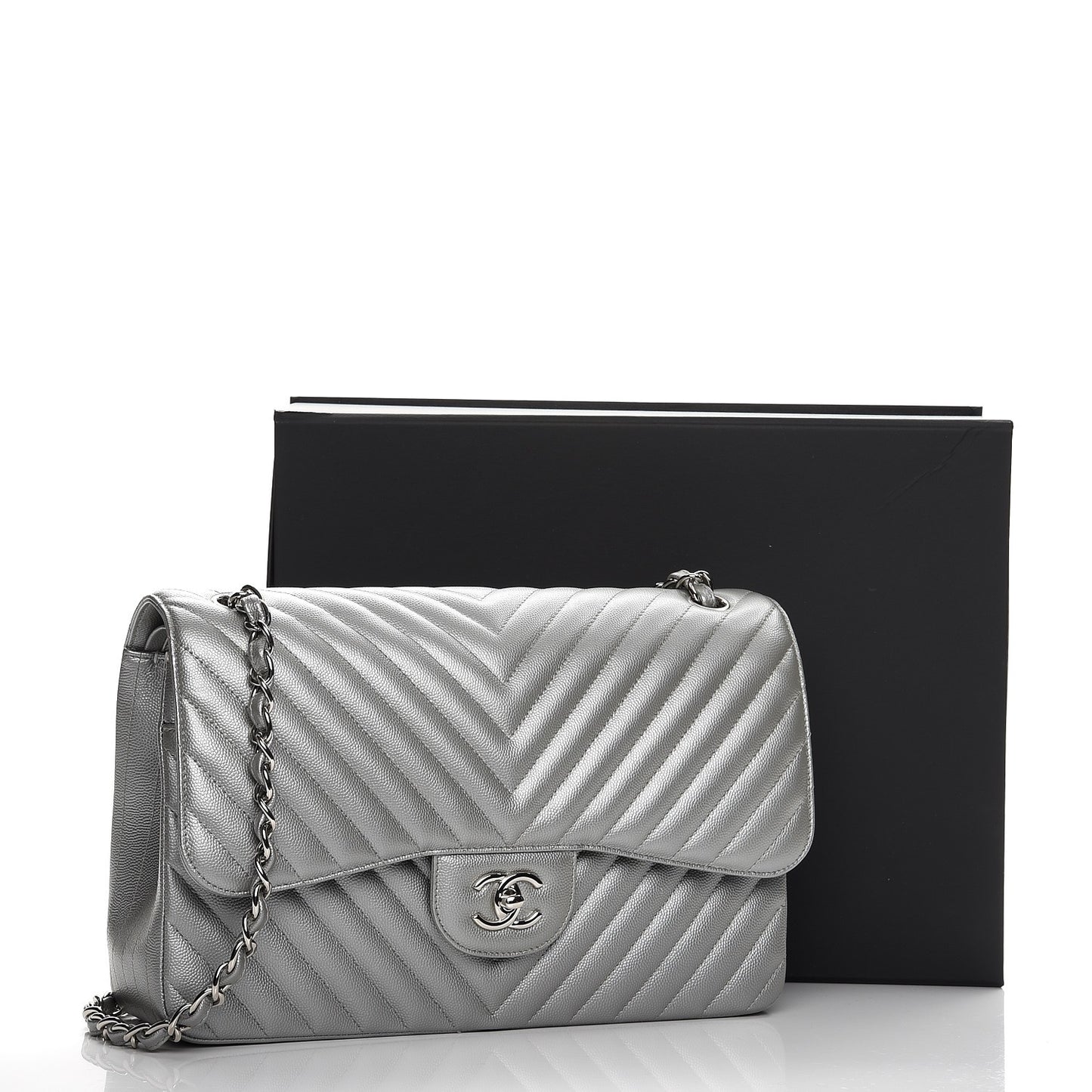 Metallic Caviar Chevron Quilted Jumbo Double Flap Silver