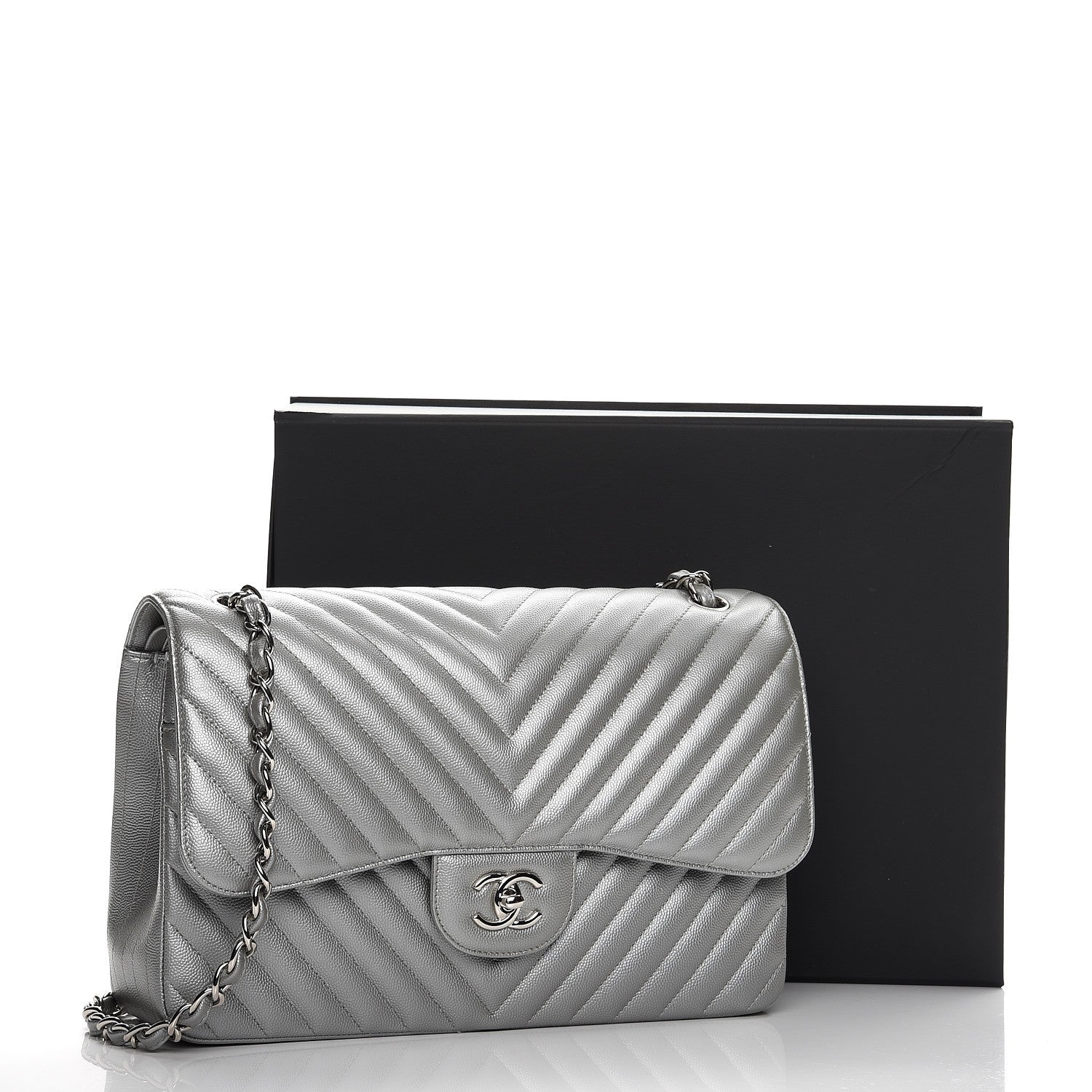 Chanel Metallic Caviar Chevron Quilted Jumbo Double Flap Silver 10 of 10