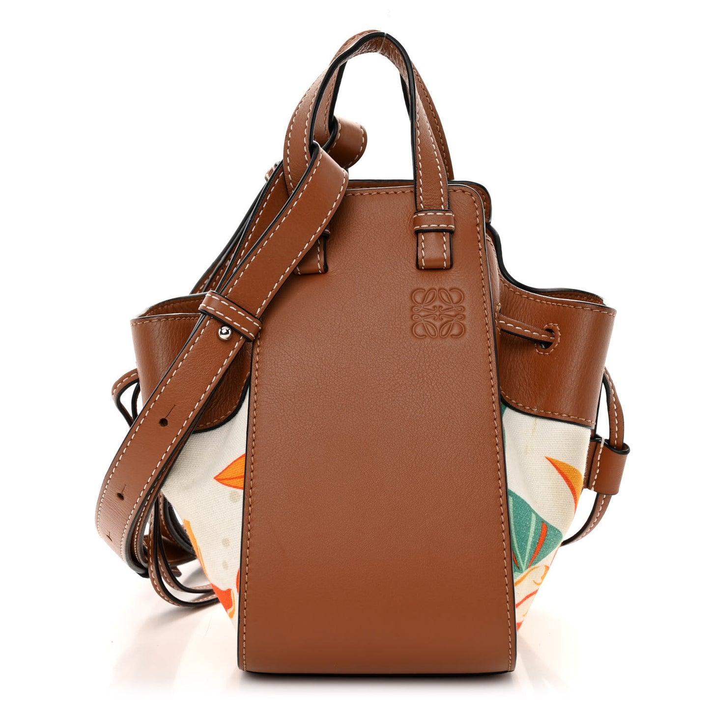 Calfskin Embroidered Floral Mini Hammock Shoulder Bag Tan White