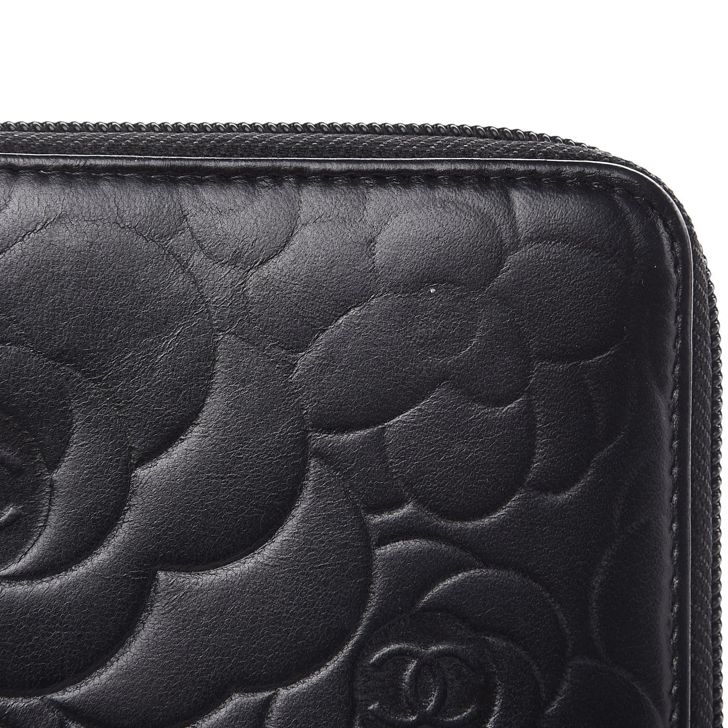 Lambskin Camellia Embossed Zip Around Organizer Wallet Black