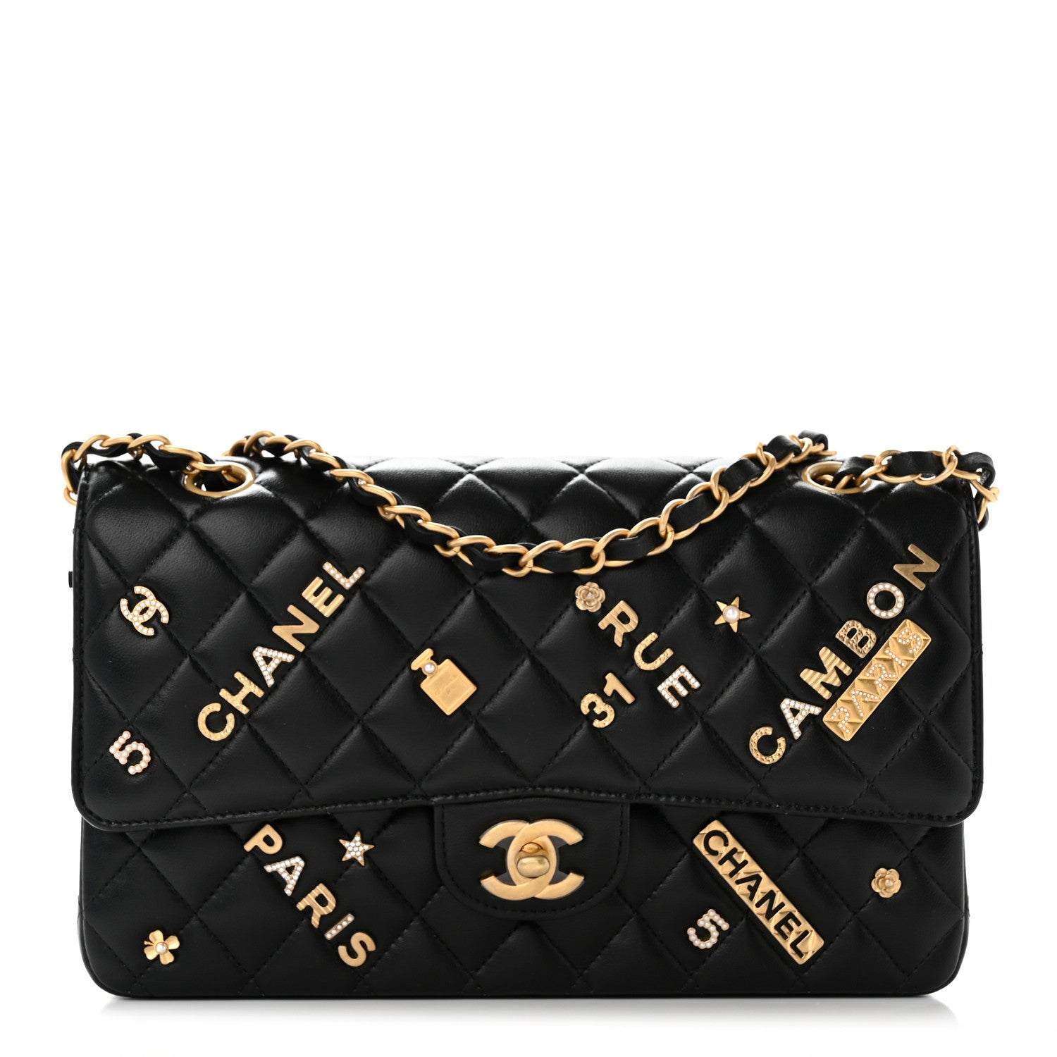 Chanel Lambskin Quilted Medium Rue Cambon Charms Double Flap Black 1 of 14