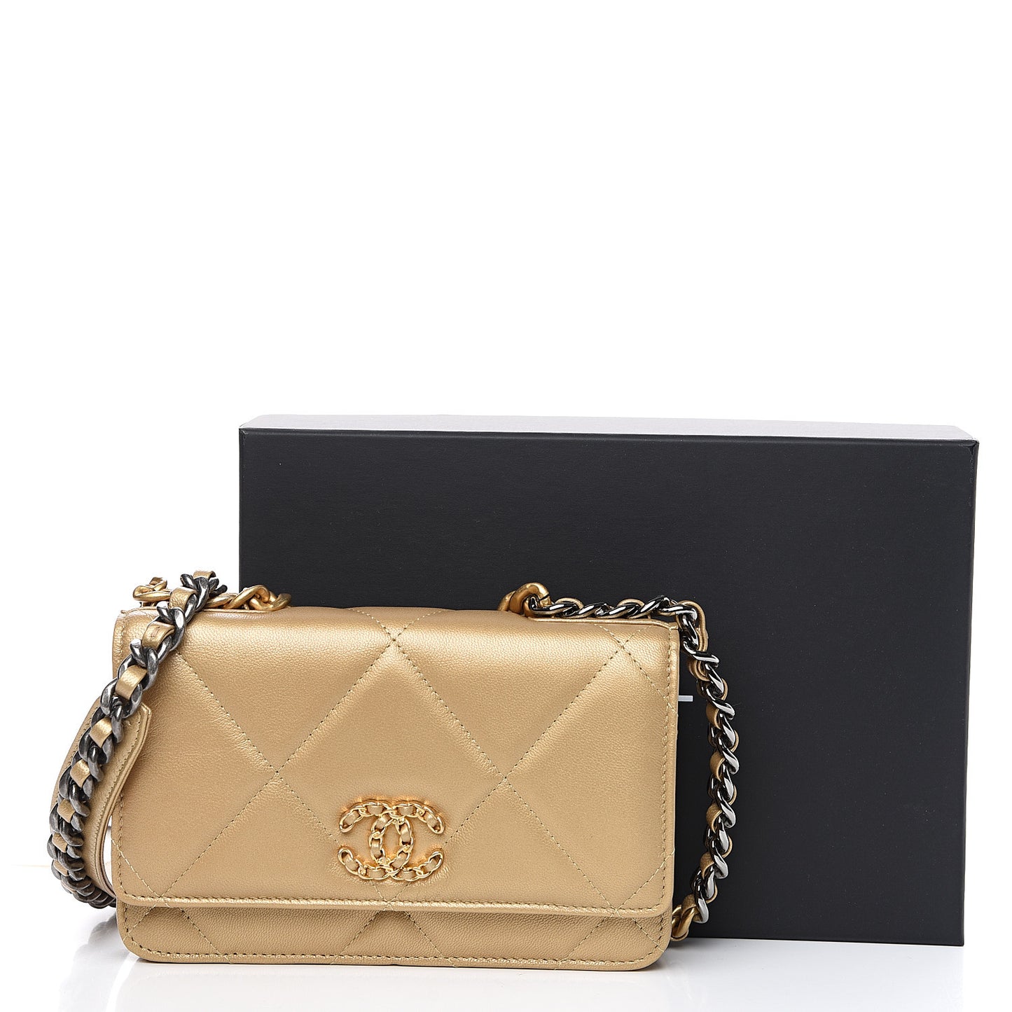 Metallic Goatskin Quilted 19 Wallet On Chain WOC Gold