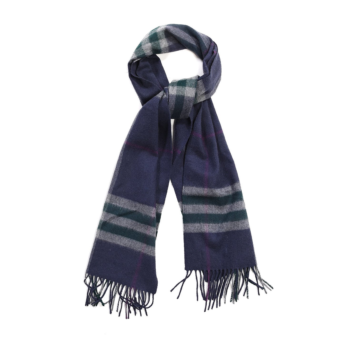 Cashmere Giant Check Fringe Scarf Navy