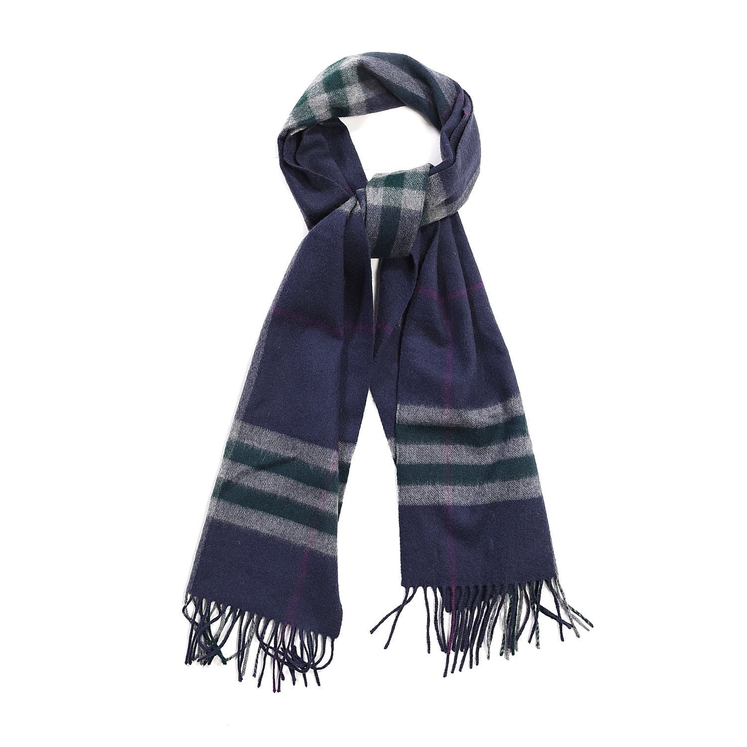 Burberry Cashmere Giant Check Fringe Scarf Navy 1 of 5