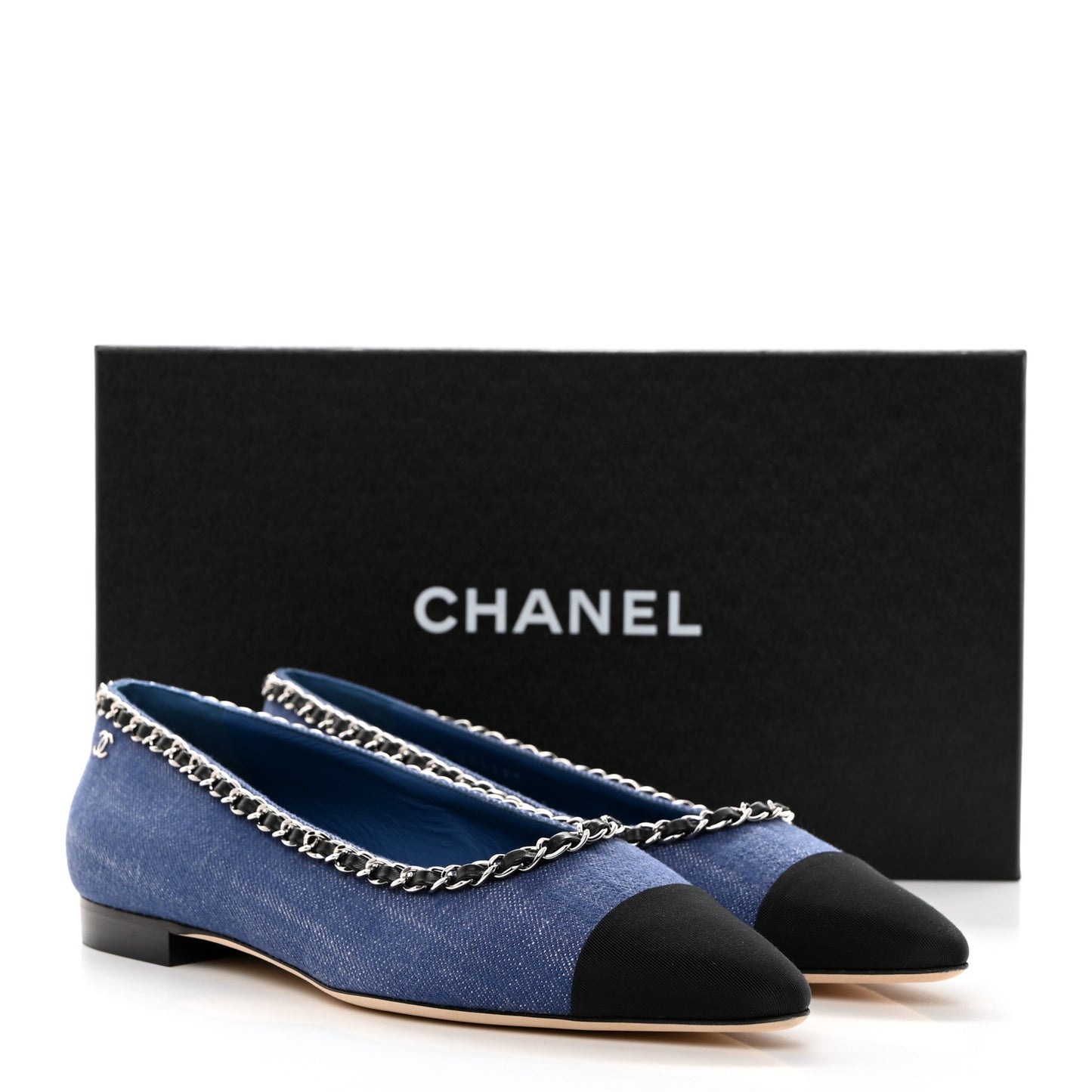 Fabric Grosgrain Chain Cap Toe Flats 39 Blue Black
