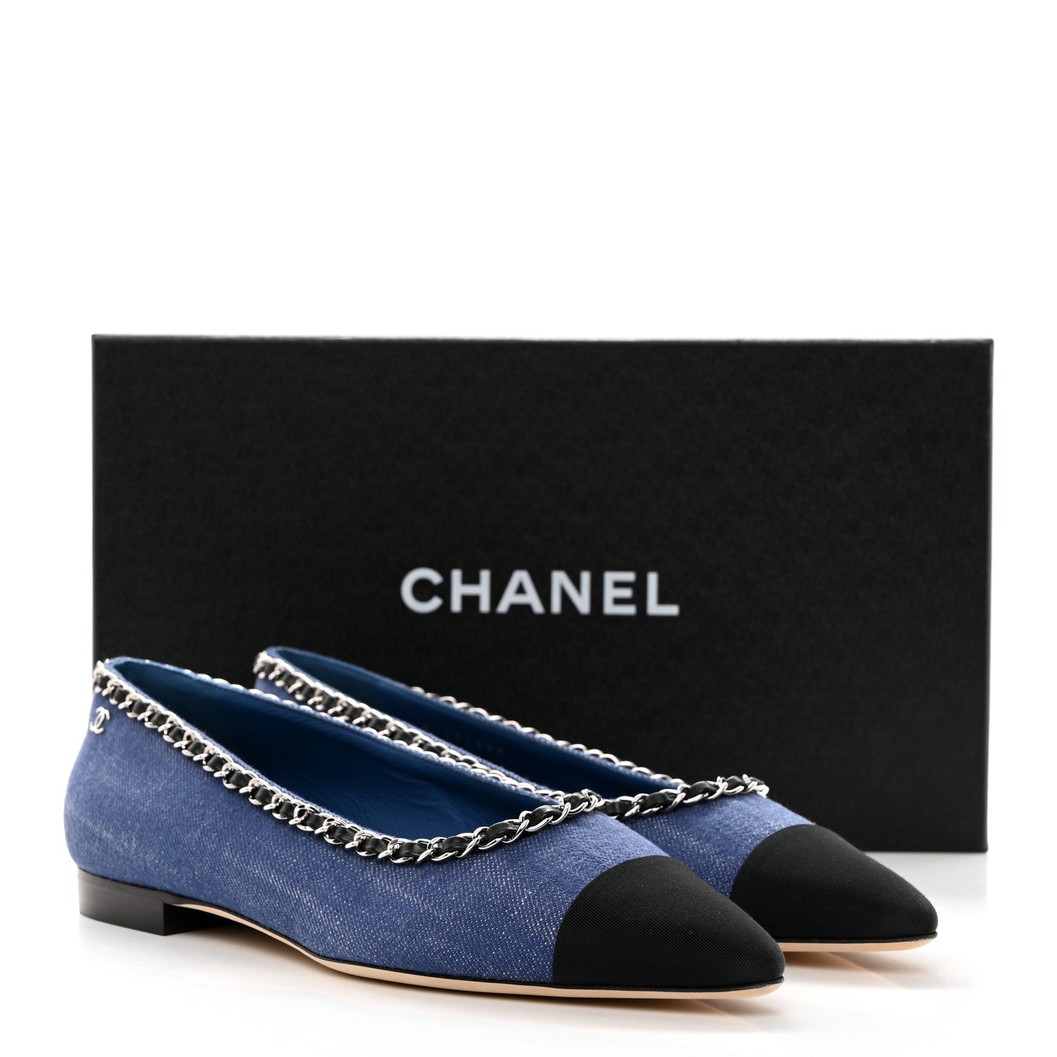 Chanel Fabric Grosgrain Chain Cap Toe Flats 39 Blue Black 9 of 9