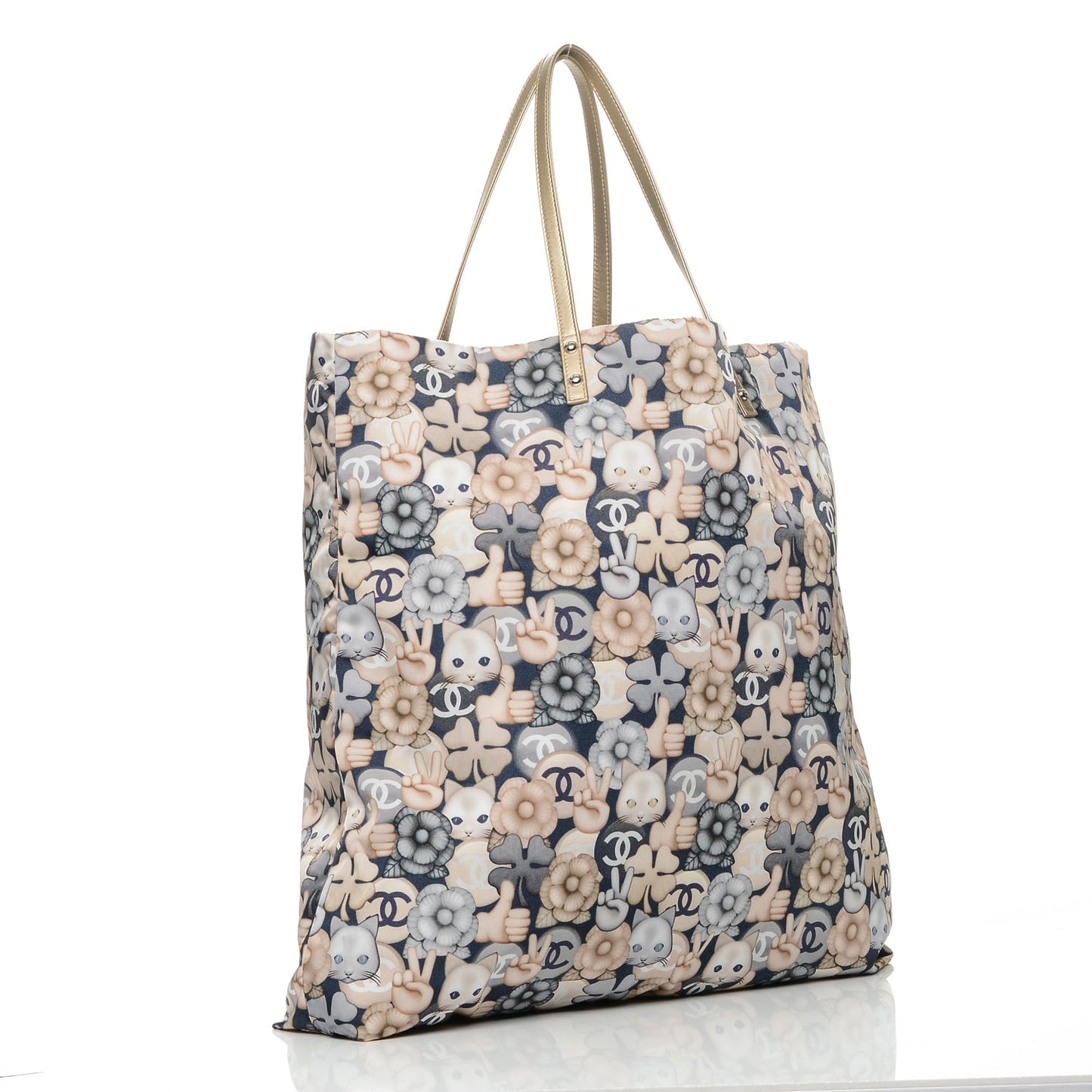 Nylon Cat Emoticon Tote Navy Gold