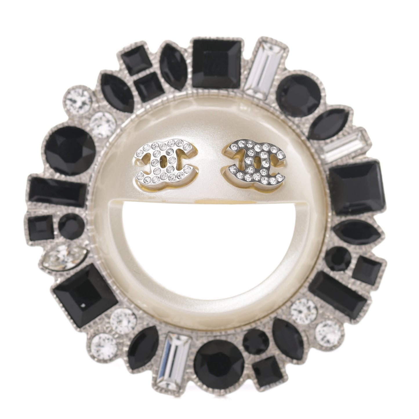 Crystal CC Smiley Emoji Brooch Silver